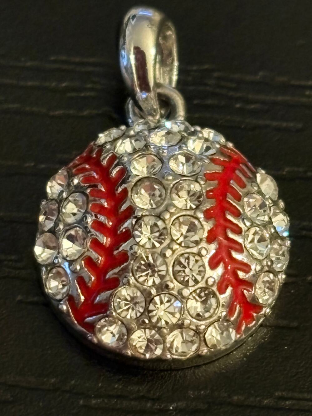Vintage Rhinestone Baseball Pendant Red Enamel
